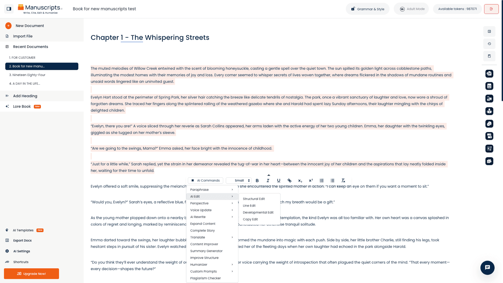 Screenshot of the classic Manuscripts.ai editor