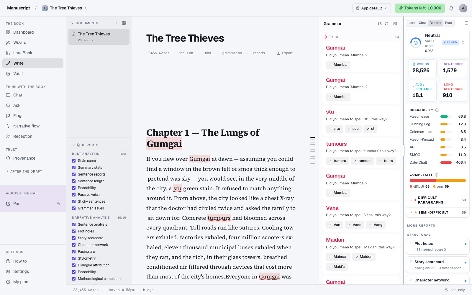 The Manuscripts.ai workspace with the Reports rail