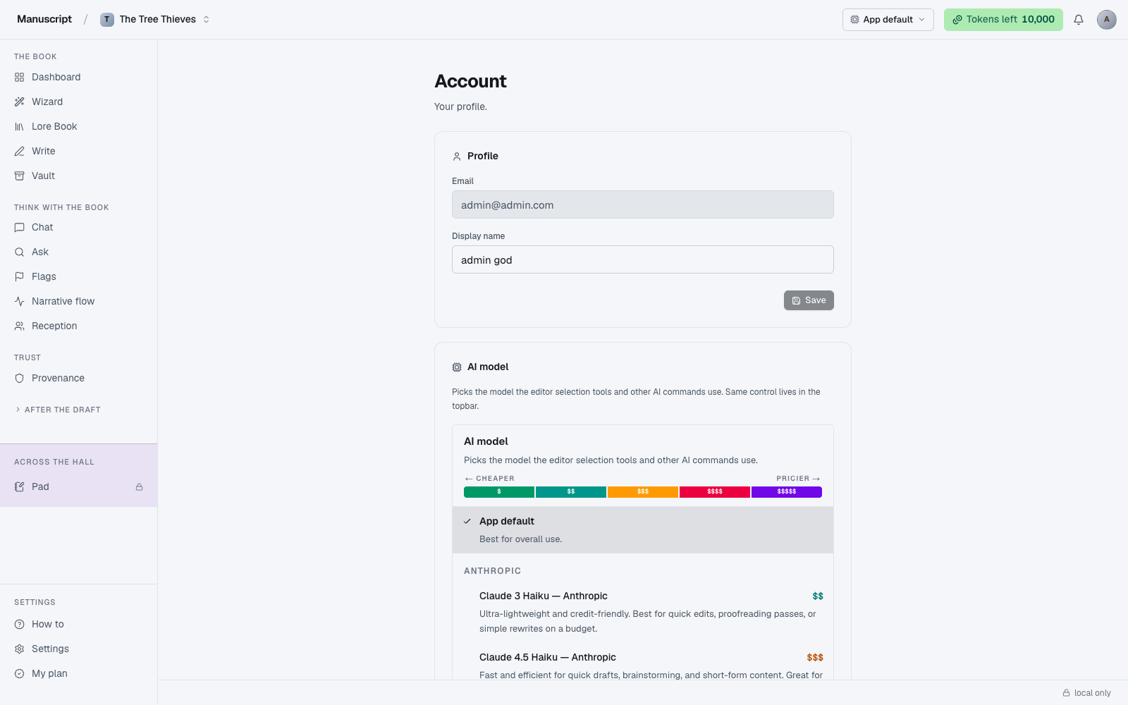 AI model selector on the account page